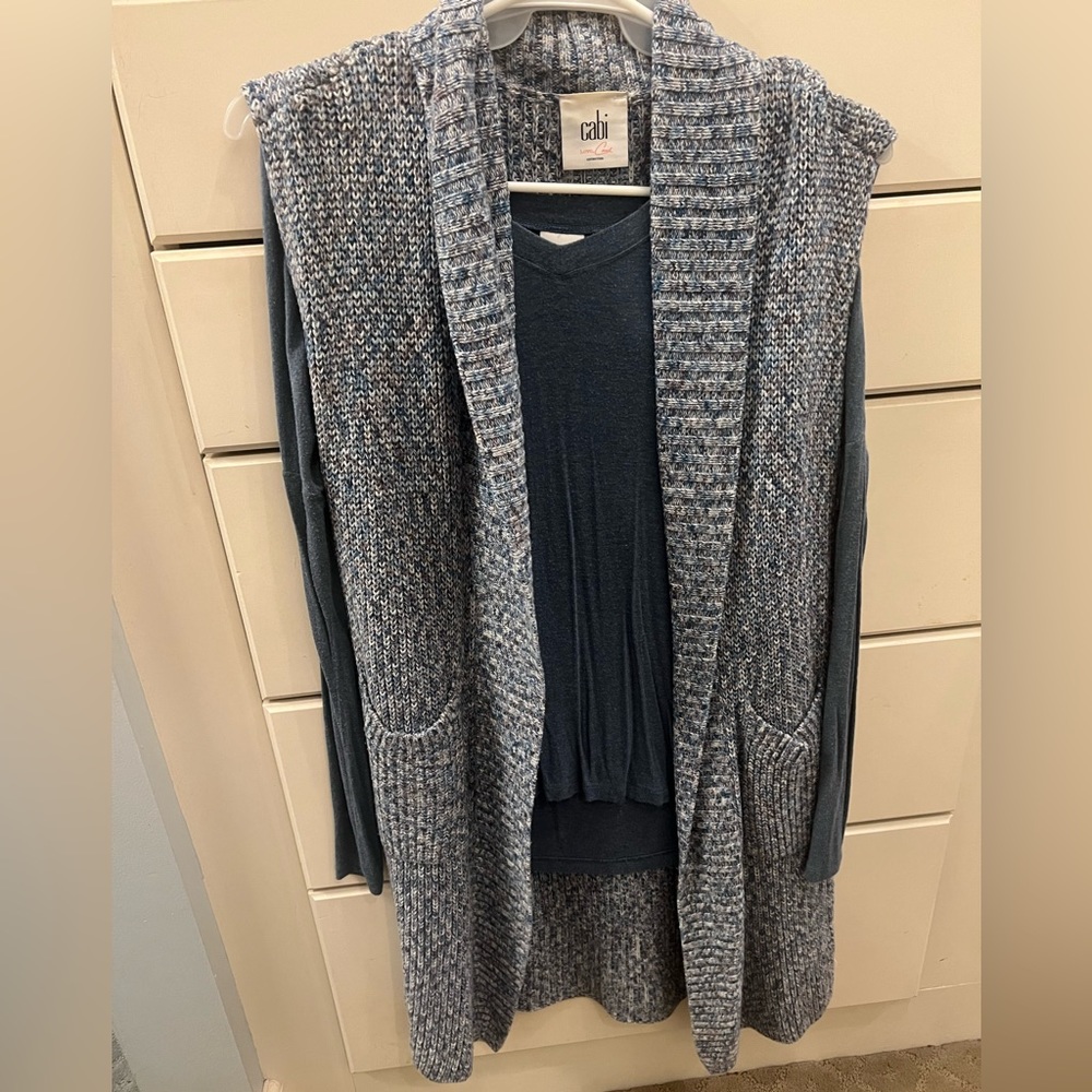 Cabi blue top and knit long cardigan